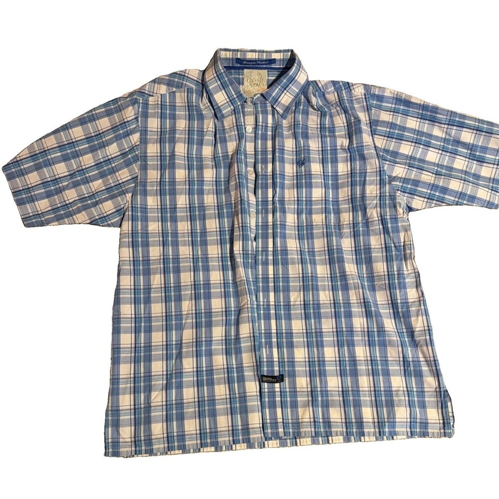 South Pole Mens Blue White Plaid Short Sleeve Button Up Shirt Y2K Streetwear Lg.